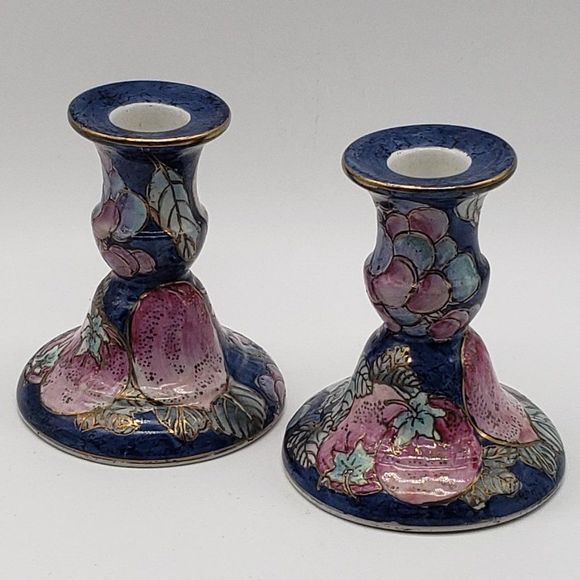 Toyo Porcelain Hand Painted Lilac Blue Gold Fruit Candle Holders - Picture 11 of 12